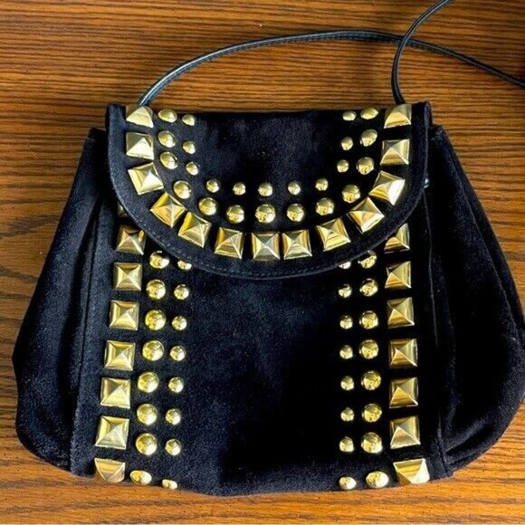 Vintage HOLT RENFREW Crossbody Purse Suede Gold Studded Shoulder Bag - Picture 1 of 7